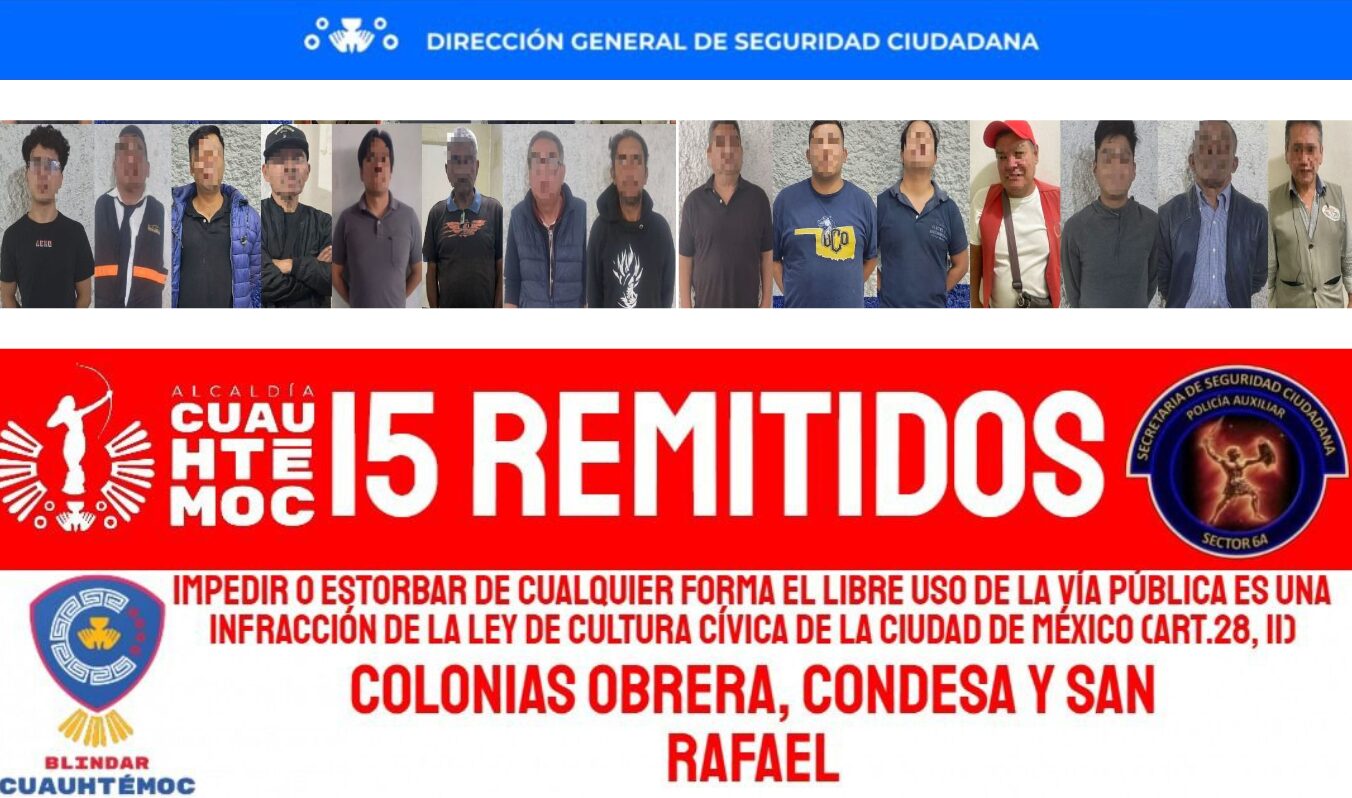 POLICÍAS DE ‘BLINDAR CUAUHTÉMOC’ REMITEN A 15 ‘FRANELEROS’ POR EXIGIR PAGO DE CUOTA POR ESTACIONAR VEHÍCULOS EN LA CALLE
