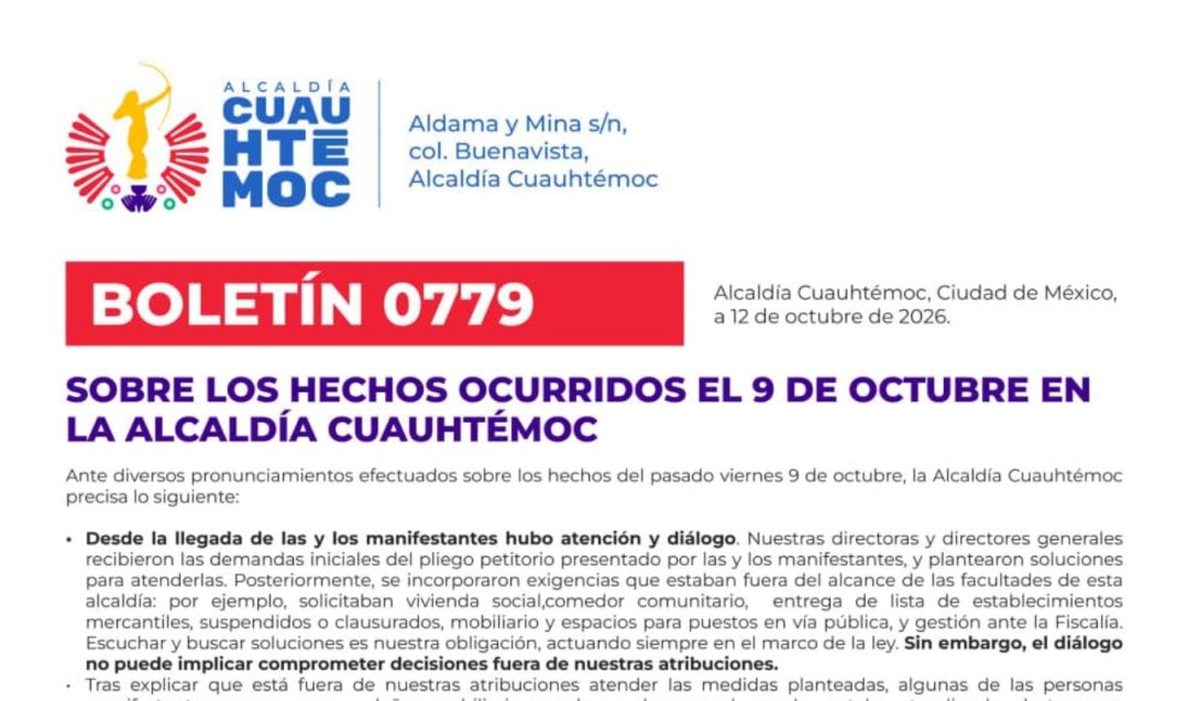 ALCALDÍA CUAUHTÉMOC FIJA POSTURA SOBRE LOS HECHOS OCURRIDOS EL 9 DE OCTUBRE