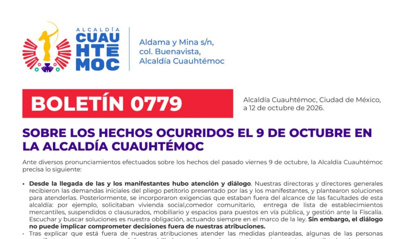 ALCALDÍA CUAUHTÉMOC FIJA POSTURA SOBRE LOS HECHOS OCURRIDOS EL 9 DE OCTUBRE