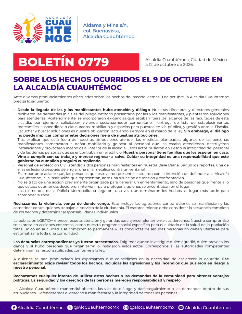 ALCALDÍA CUAUHTÉMOC FIJA POSTURA SOBRE LOS HECHOS OCURRIDOS EL 9 DE OCTUBRE